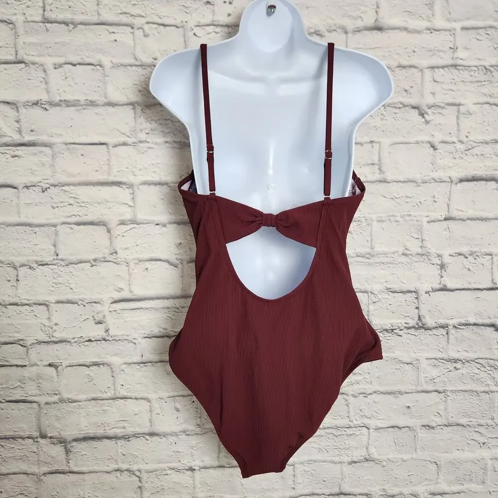 🌼NWT Cupshe Swimsuit Large One Piece Removable Cups Adj Straps Ribbed Burgandy - Picture 3 of 16